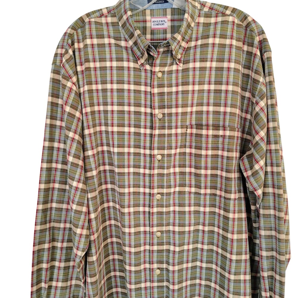 Bugle Boy Company Mens Large Plaid Button Down Shirt Green Tan No Wrinkle Cotton